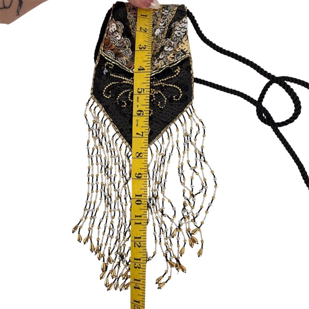 Vintage SHARMARK Las Vegas Evening Bag Sequin Beaded Fringe Pouch Crossbody Glam - Picture 7 of 10